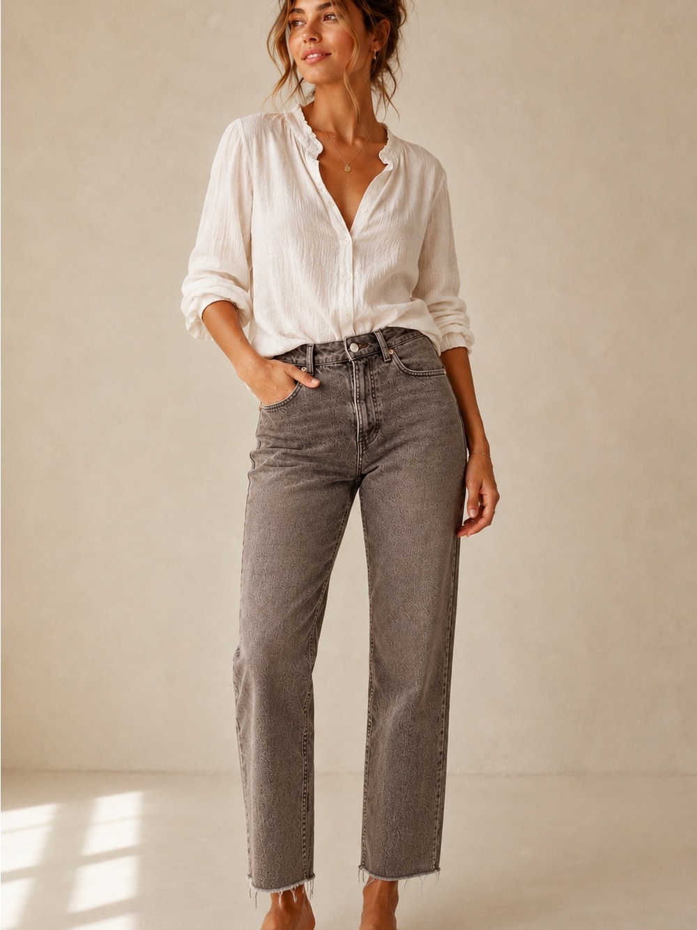 Zara High-Rise Straight Leg Jeans in Washed Gray